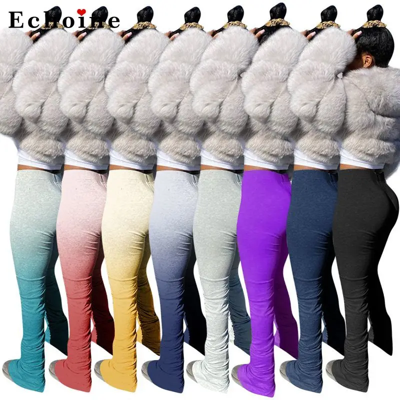 

Women Flare Ruched Pants Stacked Sweatpants Joggers High Waist Split Hem Fitness Elastic Leggings Bell Bottom Trouser Sportwear
