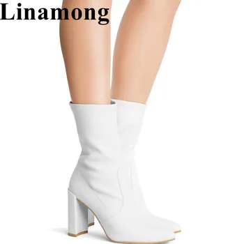 

White And Black Sample Fashion Women Shoes Spring And Autumn Pointed Toe And Square Heel High Heel Women Ankle Boots