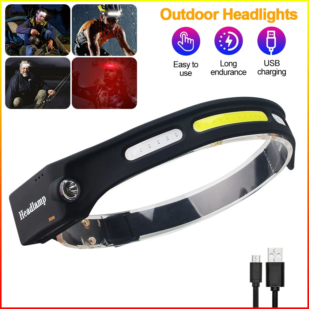 

500LM COB LED Induction Headlight USB Recharge Flashlight Work Light 6 Modes Red Warning Head Torch Built-in 1200mAh Battery