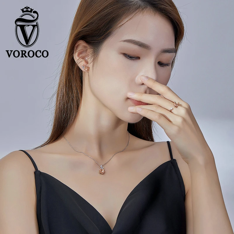 VOROCO ZBS182 Роза Золотая романтическая роза 3D цветок 925 пробы серебряные ювелирные изделия набор кольцо и серьги-гвоздики и ожерелье женский подарок