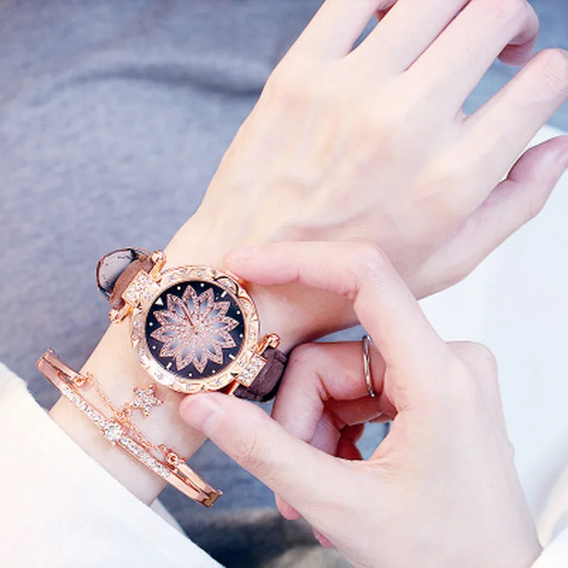 Для женщин звездное небо часы Роскошные розовое золото алмаз часы дамы повседневное кожаный ремешок кварцевые наручные часы женские часы