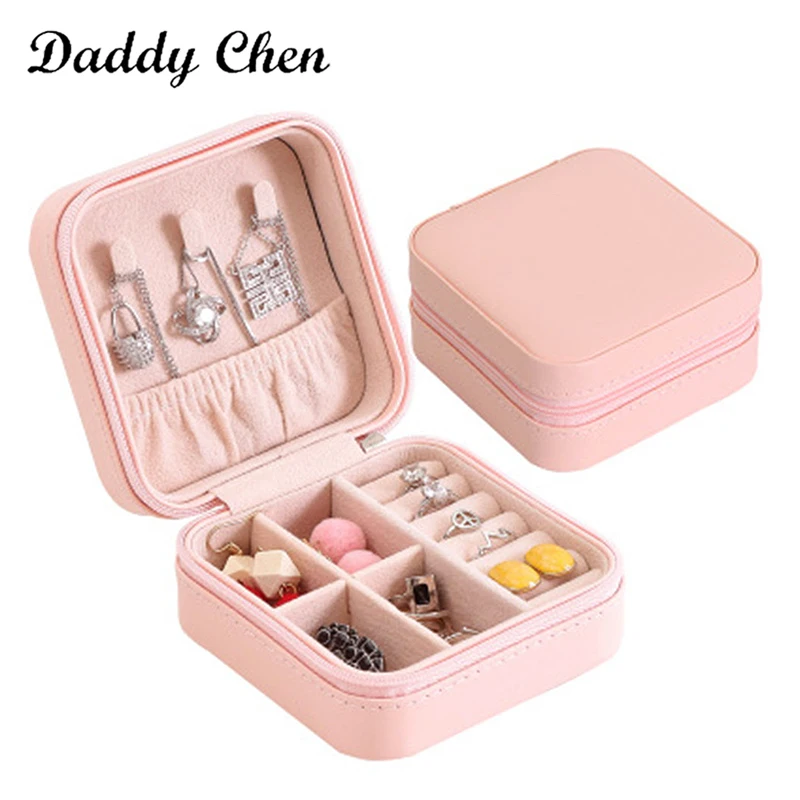 

Hot New Simple Solid Color Zip Portable Jewelry Box Pu Leather Single Layer Storage Jewelry Box Earrings Ring Small Jewelry Box