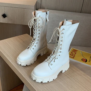 online Mulher Rendas Botas De Outono Das Senhoras Das Mulheres Plataforma Cunha Grossa Preto Branco Meados Bezerro Botas Punk Goth Nova Chegada 2020