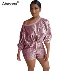 Abasona/Новый женский комплект с блестками на одно плечо, топ с завязками на шее, облегающие шорты, костюм комплект из двух предметов