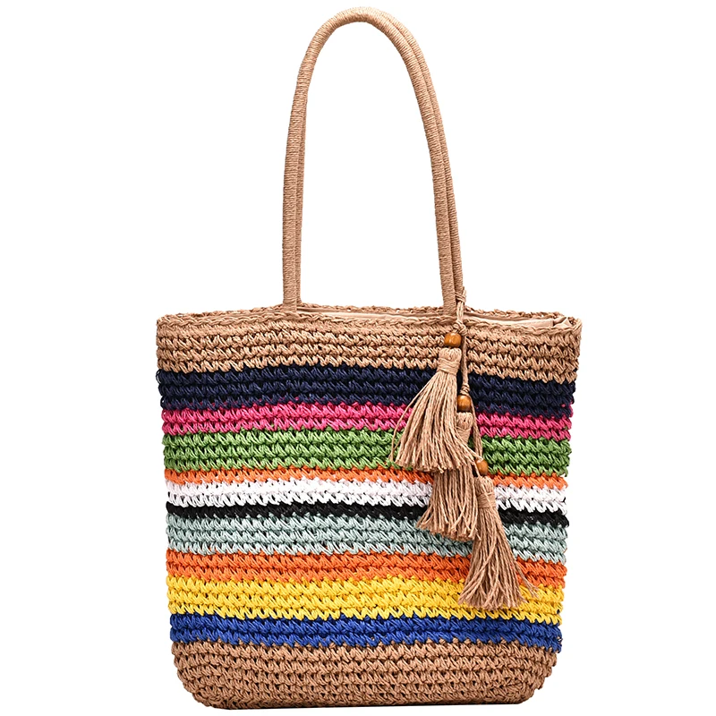 

Shopping Bag Women Rainbow Stripe Handbag High Capacity Tassel Tote Bag One Shoulder Messenger Ins Fashion Woven Handbag