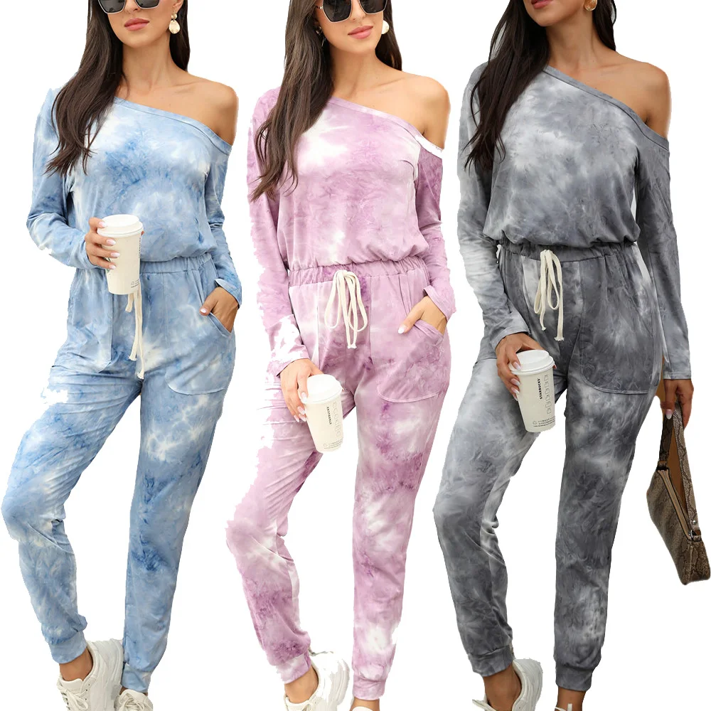 

2020 women's independent stand autumn and winter new style tie-dye long-sleeved off-shoulder jumpsuit in Europe and America