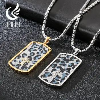 

Fongten Leopard Print Pendant Necklace Stainless Steel Cross Charm Punk Style Mens Pendants Long Chain Necklaces Jewelry