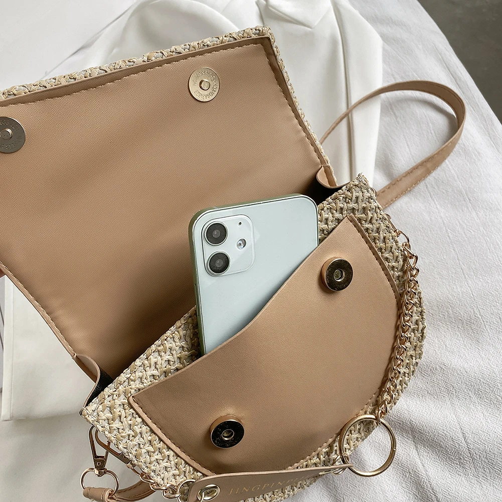 Bolso de paja para mujer, bolsa de cuero Pu + suave tejido de retales, bandolera femenina con cadena de media luna, 2021 - Imagen 5