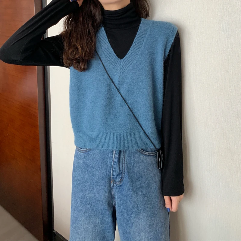 Korean Style Soild Color Women Sweater Vest Short Paragraph Loose Sweater Women's Autumn Wear New Wild Female Sweater Vest