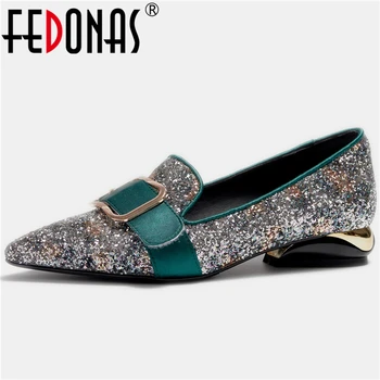 

FEDONAS 2020 Spring New Women Wedding Casual Shoes Blingbling Buckle Strap Decoration Pointed Toe Low Heel Slip-On Shoes Woman