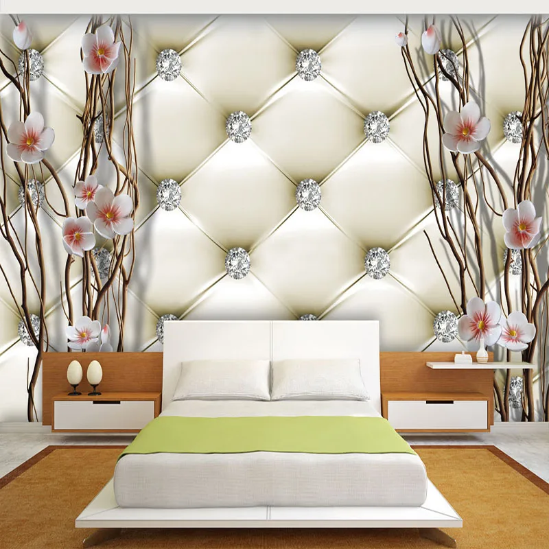 

Drop Shipping Custom Mural Wallpaper 3D Embossed Diamond Plum Branches Wall Painting Art Soft Package Backdrop Home Decor Paper