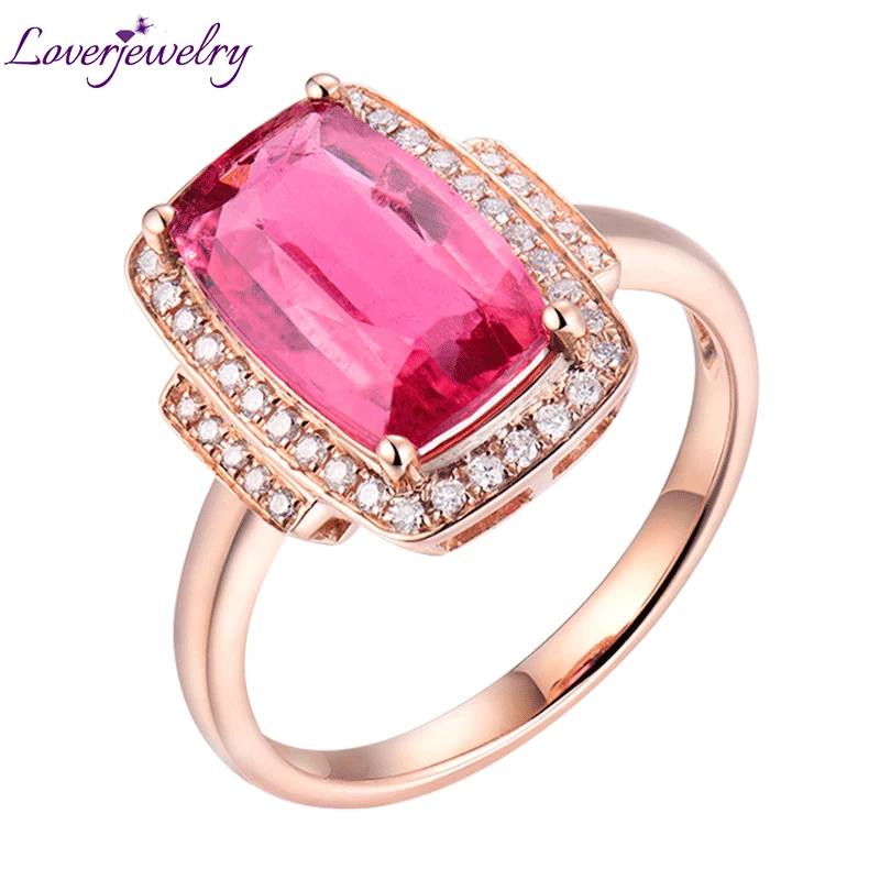 

LOVERJEWELRY Women Solid 18K Rose Gold Natural Pink Tourmaline Diamonds Engagement Ring Ladies Wedding Rings For Mother Gift