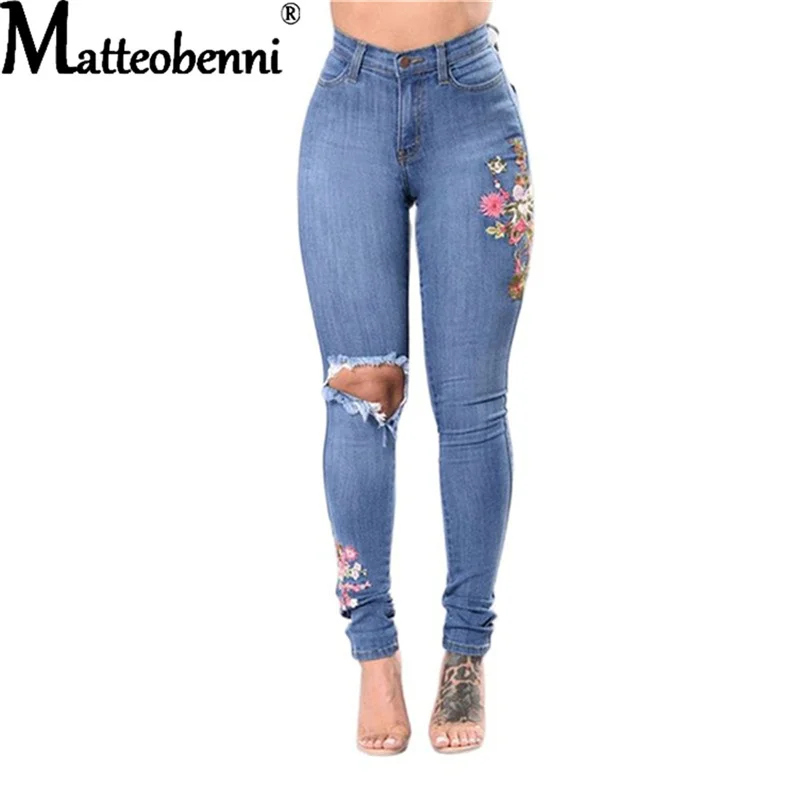 2021 Vintage Stretch Tight Pencil Jeans Women Sexy High Waist Embroidered Floral Print Ripped Slim Denim Pant Trousers