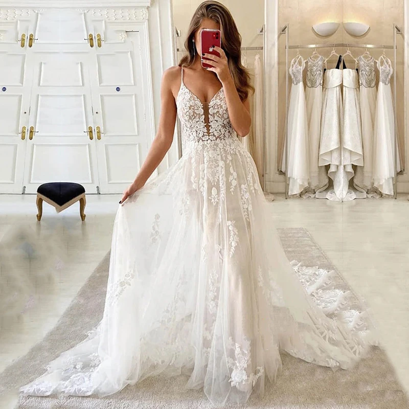 bohemian spaghetti strap wedding dress