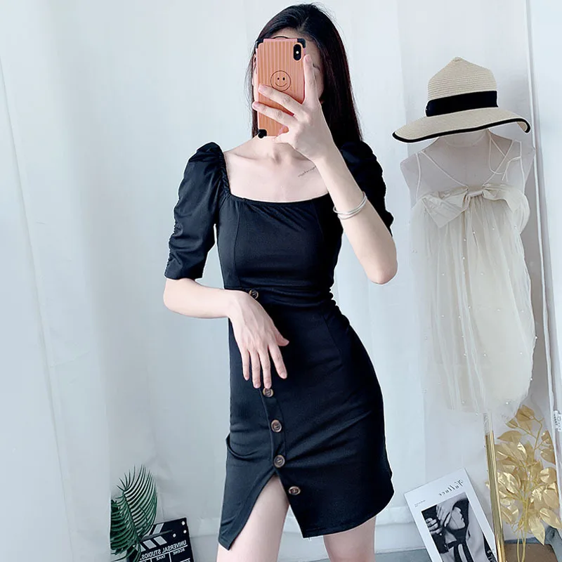 

Early Autumn 2019 New Style France Small Numerous Net Red Sense of Design Square Collar Puff Sleeve Waist Hugging Button Dress W