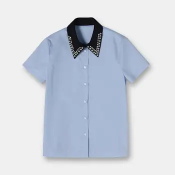 

100% Cotton Brand Fashion Women's High-end Luxury Summer Slim Diamond Short-sleeved Shirt Top