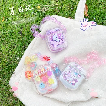 

Cute Chain Glitter Bling Sequin Liquid Quicksand Wireless Earphone Charging Cover For Apple AirPods 1 2 Bluetooth Headset Cases