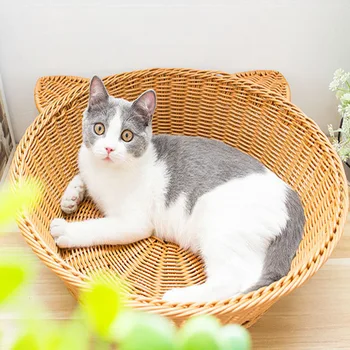 

Handcrafted Rattan Wicker Cat Bed Couch Summer Cool Rope Round Beds Houses Pet Nest Kitten Lounge Sofa Condo Kitty Sleep Kennel