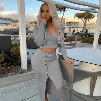 

Winter Womens Sexy Crop Tops Skirts 2 Two Pieces Set 2019 V-neck Long Sleeve Fashion Elastic Button Streetwear Split Tracksuits