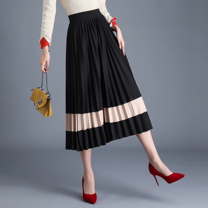 Korean Fashion Pleated Skirts Womens Elegant Woman High Waist Skirt Woman Patchwork Midi Skirts Faldas Mujer Moda OL Long Skirt