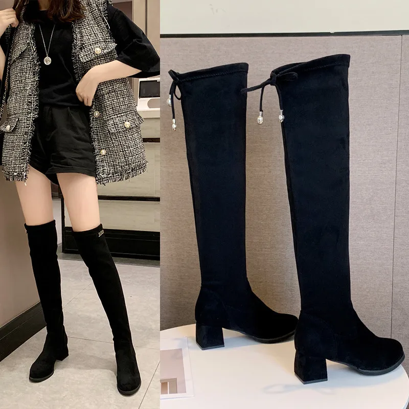 

2019 Winter New Style Celebrity Style Over-the-knee Boots Pointed Toe Genuine Leather Dull Polish Lace-up Stretch Boots Chunky H