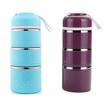

2x Lunch Box Stainless Steel Leakproof Food Storage Containers with Insulated Lunch Box for Adult and Office Three Floors(Blue&P
