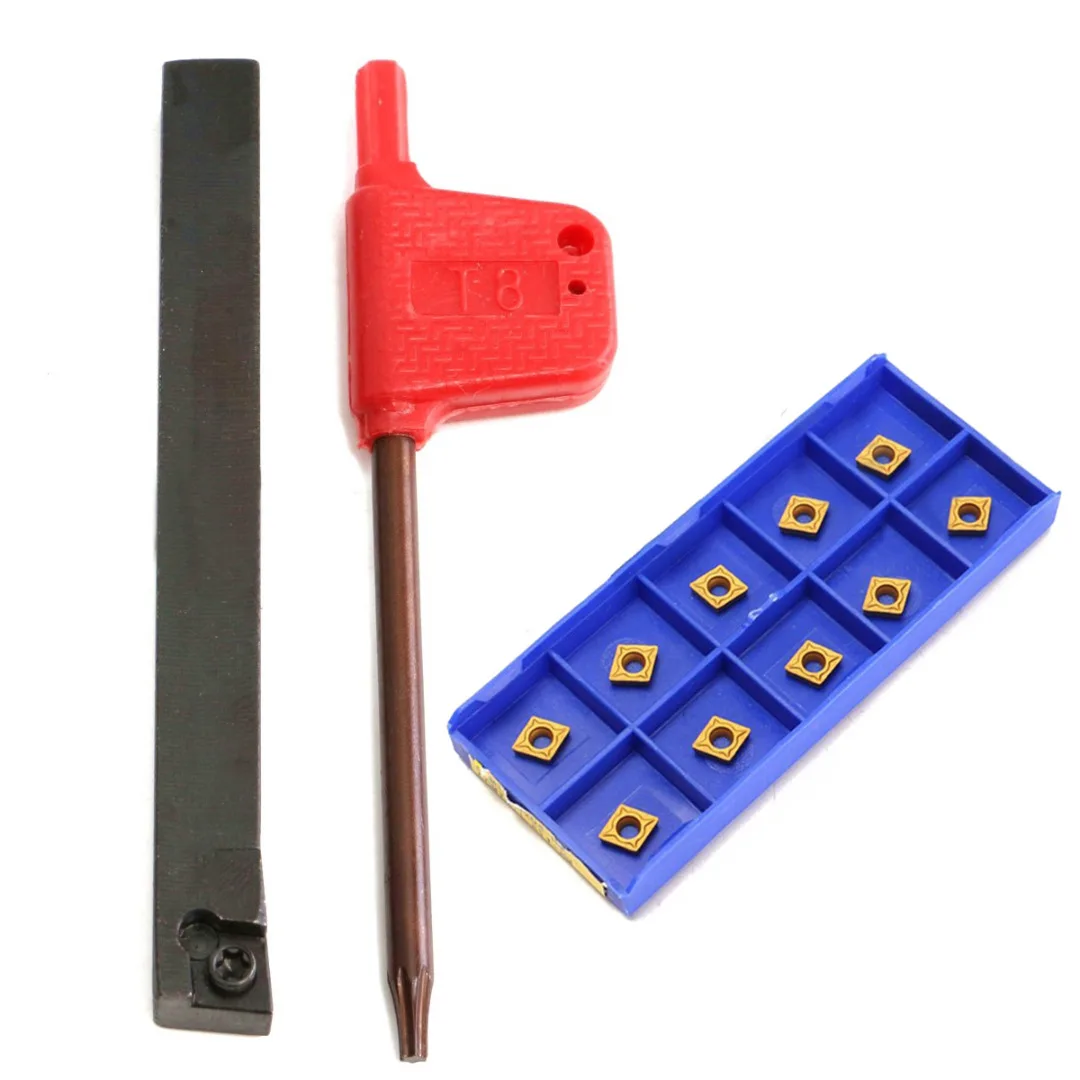 10pcs CCMT060204-HM Carbide Inserts + 1pc SCLCR0808F06 Lathe Turning Tool Holder 80mm Boring Bar with Wrench