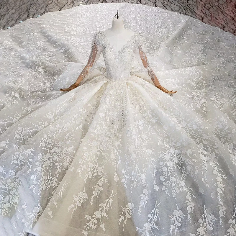 HTL1978 Elegant Extravagant Sequin Crystal Pearls Wedding Dress 2020 Deep V-Neck Long Sleeve Lace Up Back 5