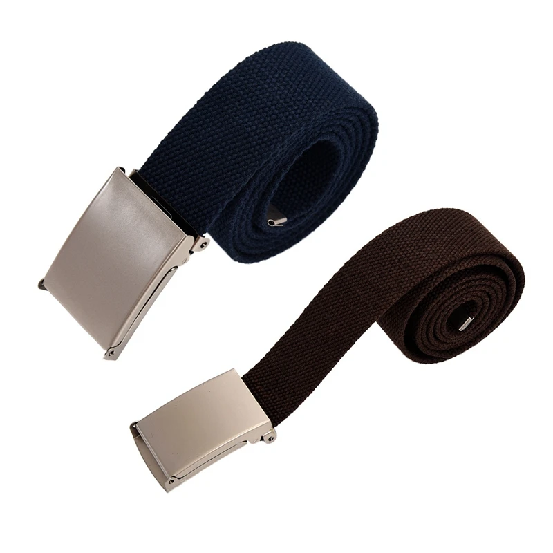 

2Pcs Unisex Plain Webbing Canvas Metal Buckle Belt - Blue & Coffee