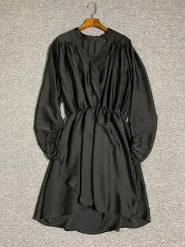 

New Soild Color Women V-neck Mini Dress Ladies Long Sleeve Asymmetric Short Dresses Clothes