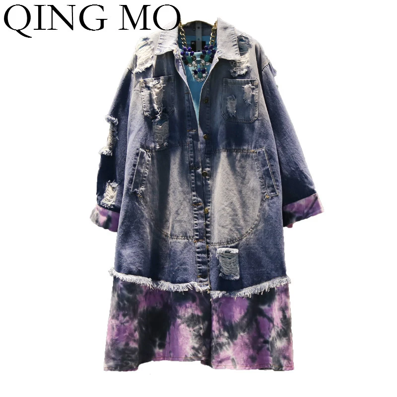 blue QING MO индивидуальное лоскутное женское платье осеннее женское джинсовое платье с дырками и отложным воротником платье с длинным рукавом ZQY1564 - Цвет: blue