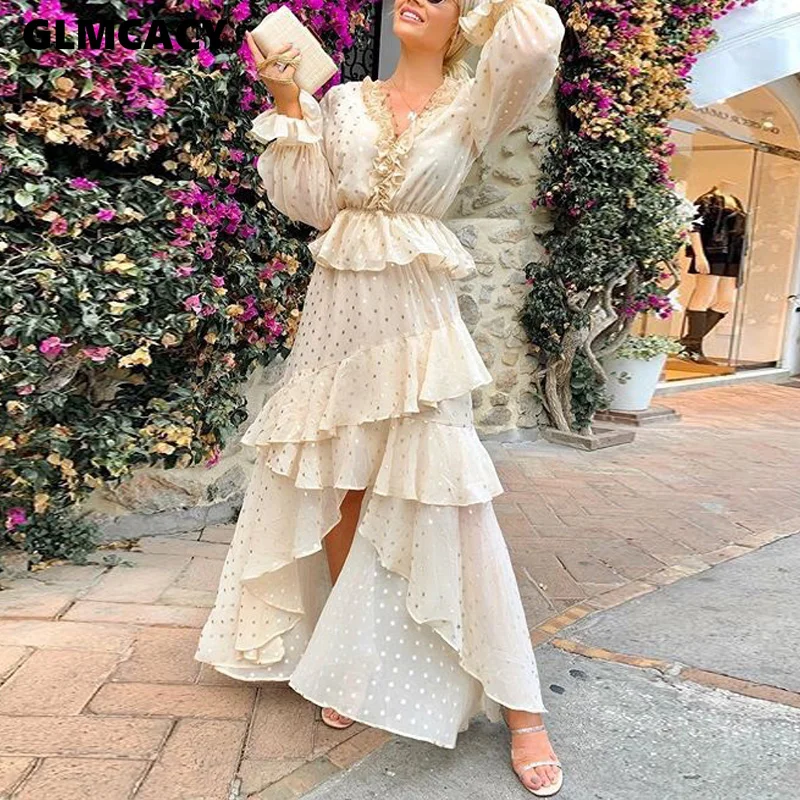 

Women Sexy V-neck Dot High Waist Butterfly Sleeve Long Dress Asymmetrical Dress Elegant Ruffles Long Dress Floor-length Dress