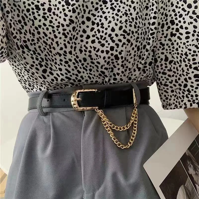 Fashion Punk Alloy Pin Buckle Women Belt PU Leather Golden Chain Decoration Simple And Versatile Jeans Trousers Thin Waistband fashion big broken holes chain splicing decoration straight jeans women new centre hollow out denim pants female casual trousers