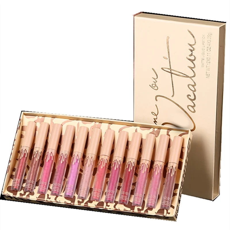 

12Pcs Gold Matte Liquid Lipstick Set Makeup Take Me On Vacation Edition Lip Gloss Kit Long Lasting Lipgloss Cosmetics