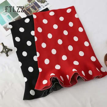 

New Spring Autumn Vintage Polka Dot Skirt Women Ruffle Wrap Skirt Fashion Ladies Medium Long Knitted Black Skirts