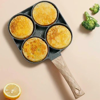 

Four-hole Frying Pot Thickened Omelet Pan Non-stick Egg Pancake Steak Pan Cooking Egg Ham Pans Breakfast Maker Wooden Handle