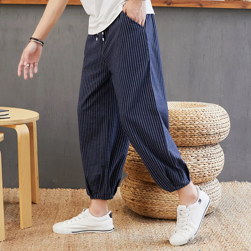 

Man Japanese Style Harem Pants Striped Knee-length Summer Legged Trousers Male Linen Loose Chinese Wide Leg Pants Streetwear