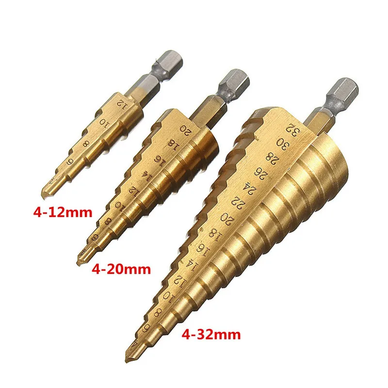 

3pcs/Set 4-12/20/32mm Hole Cutter HSS 4241 Hex Titanium Step Cone Drill Bit For Sheet Metalworking Wood Drilling Power Tools