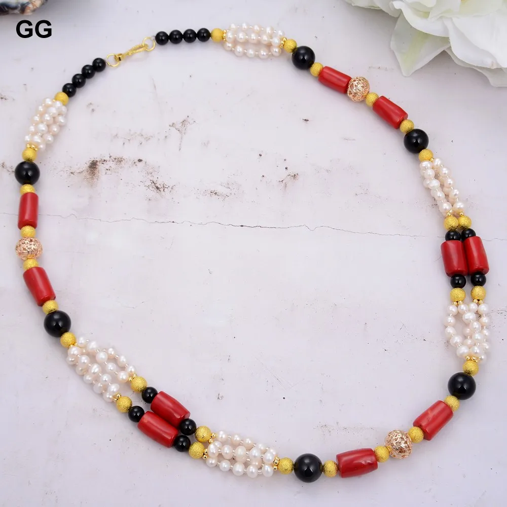 Pearl Coral Long Necklace White Pearl Onyx 30'' 