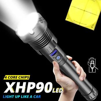 

Newest powerful 4-Core P90 LED Flashlight With COB Side Light display torch 7 modes telescopic zoom for Camping