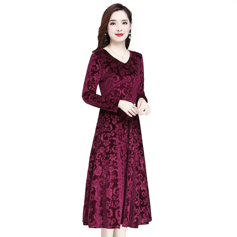 

Women's Spring Autumn Style Velvet Dress Women's Long Sleeve Solid Color V-Neck Elegant Slim Dress AA3295