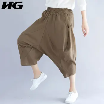 

HG Cotton Linen Harlan Pants Splice Nine Pants Women Plus Size Elastic Waist Harem Pants Literary Loose Pants Women 2019 ZYQ1485