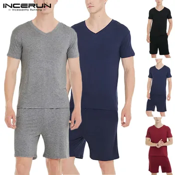 

Summer Men Pajamas Sets Casual Homewear Solid Short Sleeve V Neck Breathable Nightgown Tops & Shorts Men Sleepwear Sets INCERUN