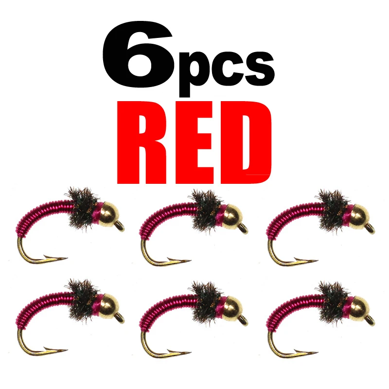 6pcs Red Wifreo 6 шт.#12 бусина голова бюстгальтер красный Медь Caddis мухобойка личинка форель панфиш Рыбалка Нимфы Мухи с медной проволокой тела - Цвет: 6pcs Red