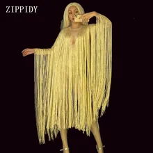 Новинка, Золотая длинная бахрома, боди, костюм для вечеринки, длинный рукав, с кисточками, трико, день рождения, празднование, стрейч, платье для танцев, YOUDU