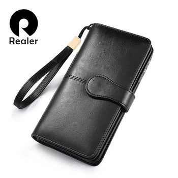 

REALER women wallet Split leather long wallet with phone/coin/card pocket zippers for ladies Purses with short strap for female
