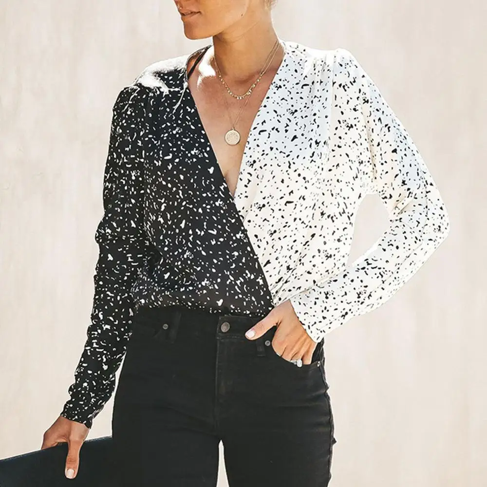 Модные женские туфли сексуальный глубокий v-образный вырез, Slim Fit Цветочный принт Цвет блочная рубашка Топ