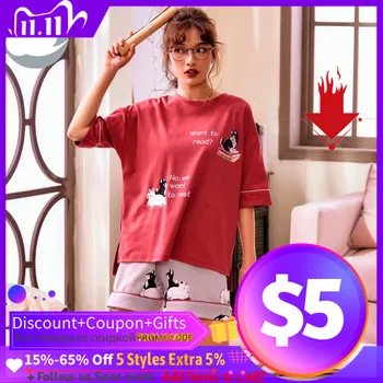 

Summer New Knitted Cotton Women's Pajamas Set Cute Girl Cartoon Nightgowns Lounge Pajama Sets Sleepwear Pijamas Homewear Fashion