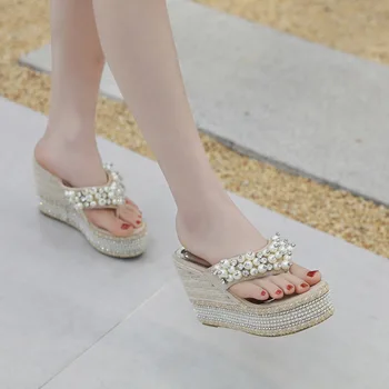 

String Bead Pearl Open Toe Women Platform Wedges Flip Flops High Outside Women Shoes Crystal Casual Novelty Summer Slippers