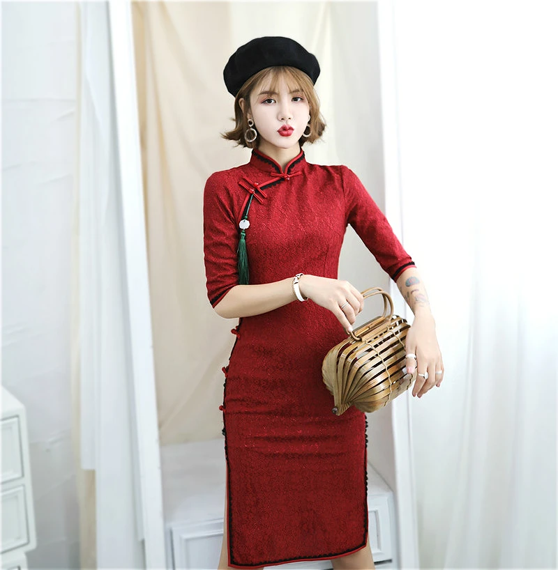 Sheng Coco Lace Qipao Long Sleeve Women Cheongsam Modern Qipao 4 Color Wedding Gown Oriental